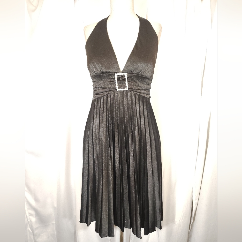 Satin Halter Formal Midi Dress,Tie Pleated Skirt, Empire Waist, Black, S